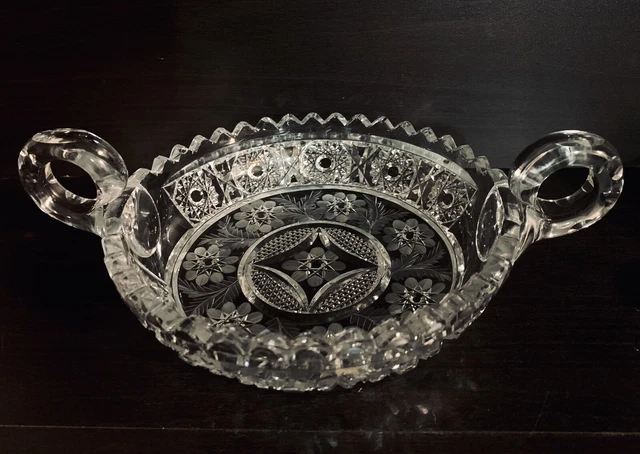 Brilliant ABP Cut Glass Crystal Two Handled Bowl Sawtooth Hobstar Flowers 9 3/4”