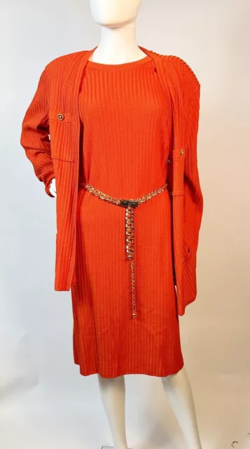 St John Collection Orange Cardigan Sweater Sleeveless Belted Knit Dress Sz 16 KC