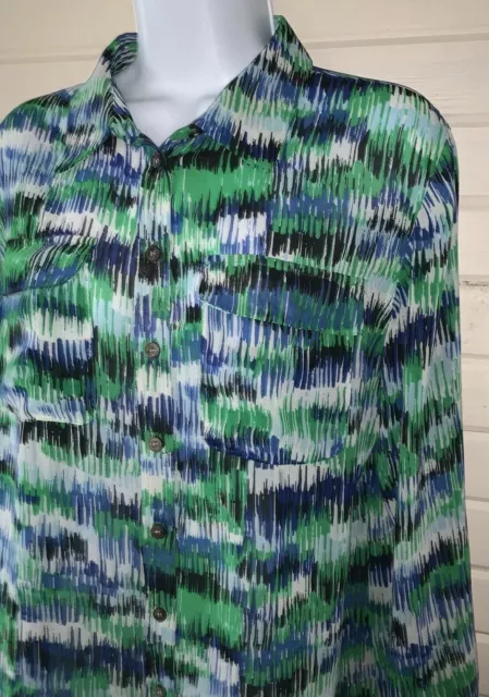 Two By Vince Camuto Sz SMALL Green Blue Abstract Stripes Chiffon Shirt Tunic EUC