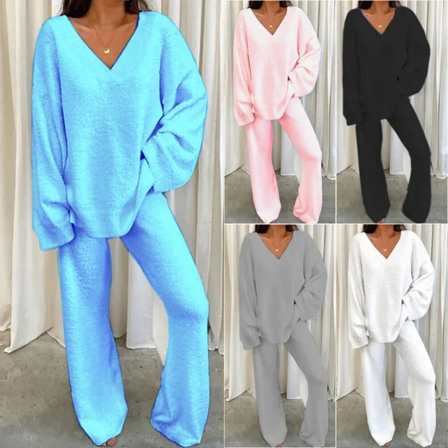 Womens V Neck Fleece Fluffy Tops + Pants Pyjamas Loose Nightwear Loungewear Pjs