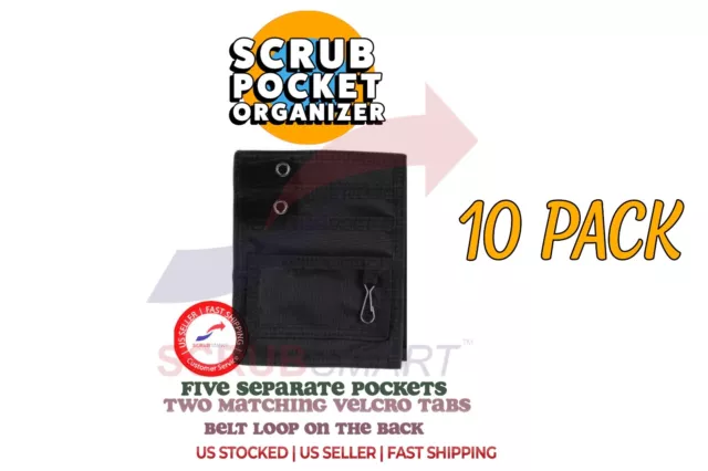 10 Pack- 10 Nurse Nylon 5 Scrub Uniform Pocket Organizer Pal & Belt Loop - Black