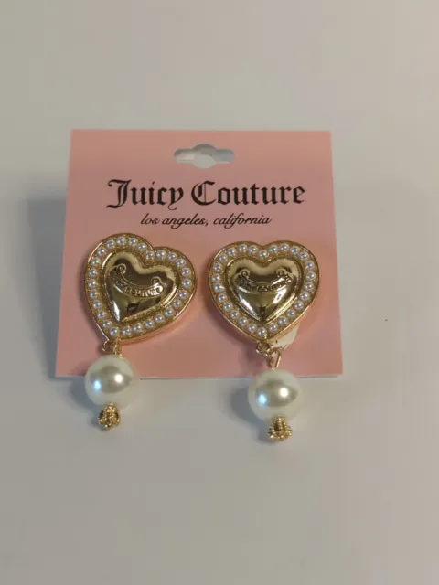 Juicy Couture Gold tone Pearl Heart With Logo Dangle Statement Earrings New