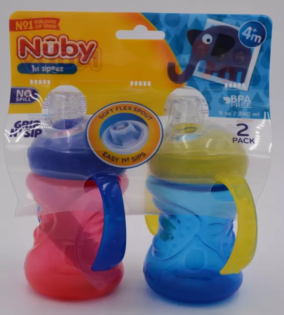 Nuby 2-Pack Two-Handle No-Spill Grip N' Sip Cups, 8 Ounce, Red & Blue