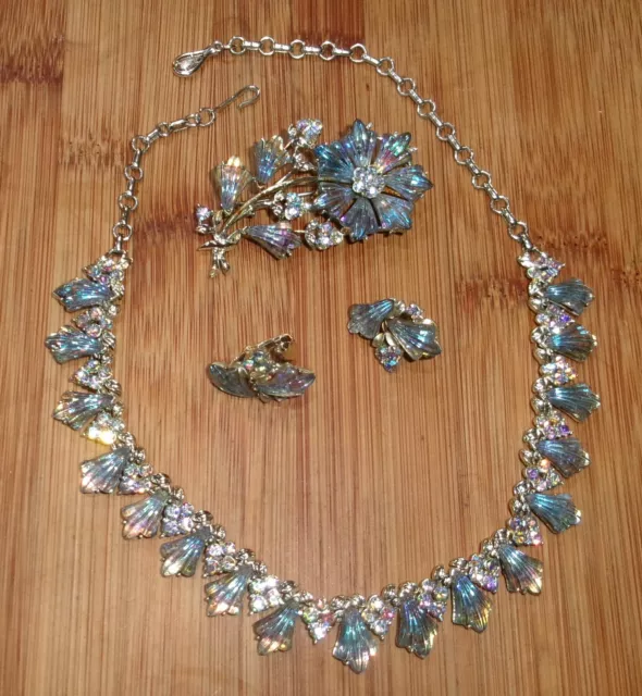 Vintage CORO Blue Rhinestone Jewelry Set-Necklace,Brooch,Earrings