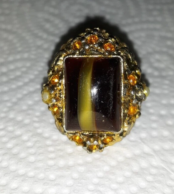 Tiger eye? vintage ring large statement Hollycraft?