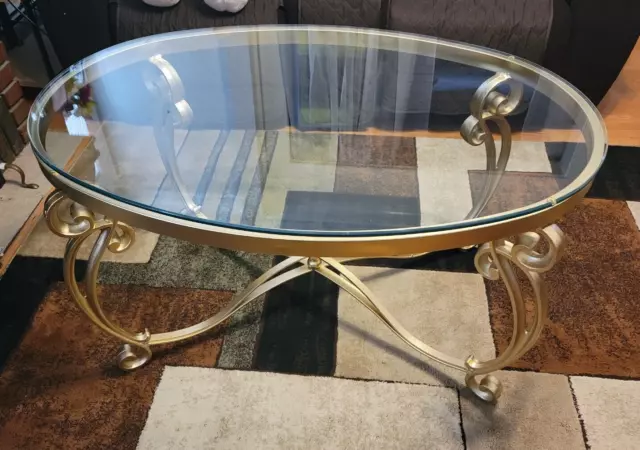 Hollywood Regency Metal Glass Cocktail and Coffee Table Gold Frame Oval 44 x 30"