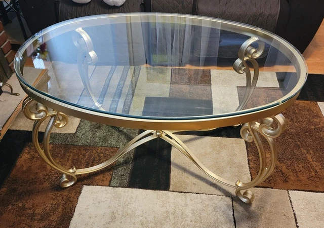 Hollywood Regency Metal Glass Cocktail and Coffee Table Gold Frame Oval 44 x 30" Hollywood Regency Metal Glass Cocktail and Coffee Table Gold Frame Oval 44 x 30"
