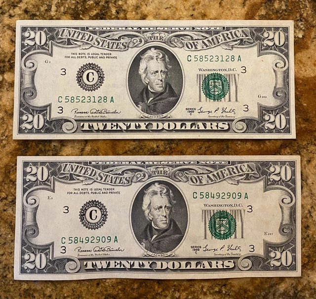 TWO 1969 C $20 uncirculated?￼ Federal Reserve Notes PHIL. vintage currency..
