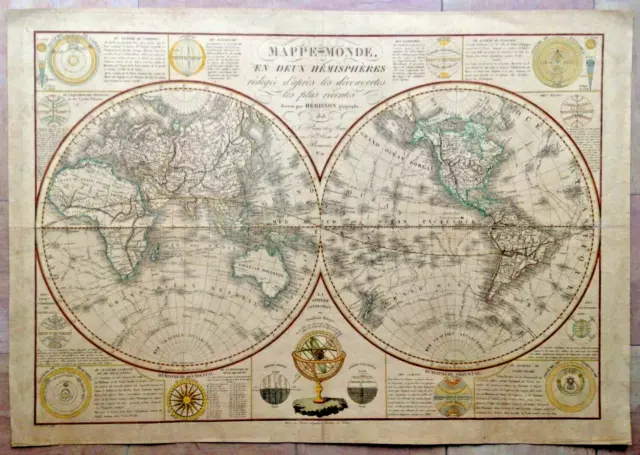 LARGE WORLD MAP DATED 1828 by HERISSON 19e CENTURY DECORATIVE ANTIQUE PLATE