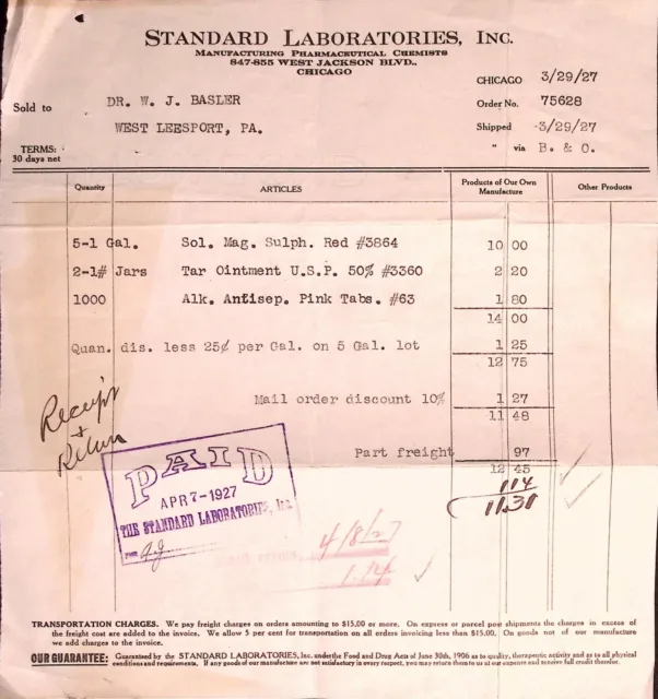 Standard Laboratories Pharmaceutical Chemists Chicago 1927 Purchase Order