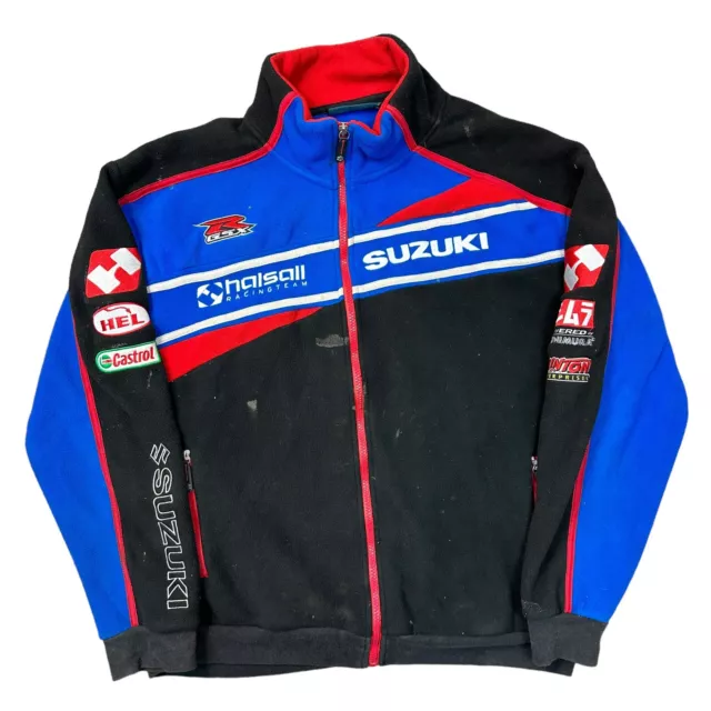 Suzuki Racing Fleece Jacket Full Zip Spell Out GSX R Black Blue Mens Large