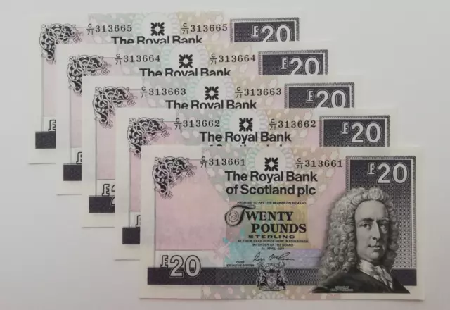 Royal Bank of Scotland 5 consecutive paper £20 notes UNC