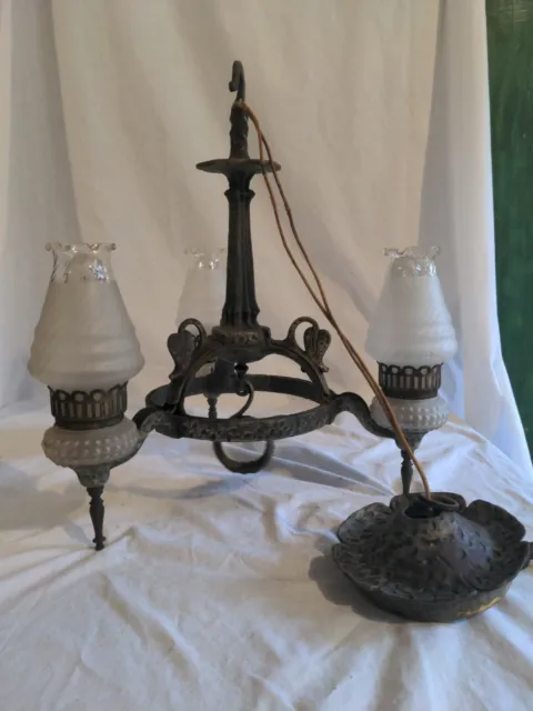 Vintage Art Deco Era Chandelier Cast Metal Ceiling Light Fixture 3 Light Set