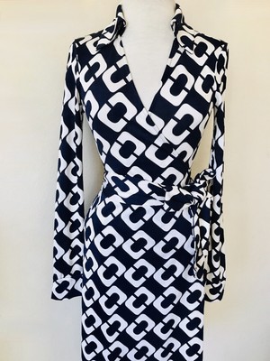 4 6 Diane Von Furstenberg Jeanne Black White Chain Link Silk Wrap Dress
