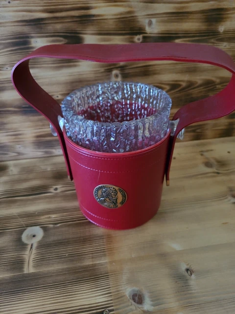 Vintage 1960/70 Glas- Eiswürfelbehälter in rotem Kunstleder