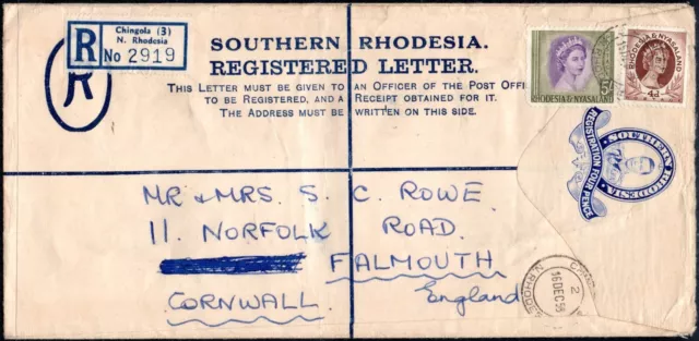 Rhodesia & Nyasaland 1958 5s QEII defin on SR KGVI registered stationery env