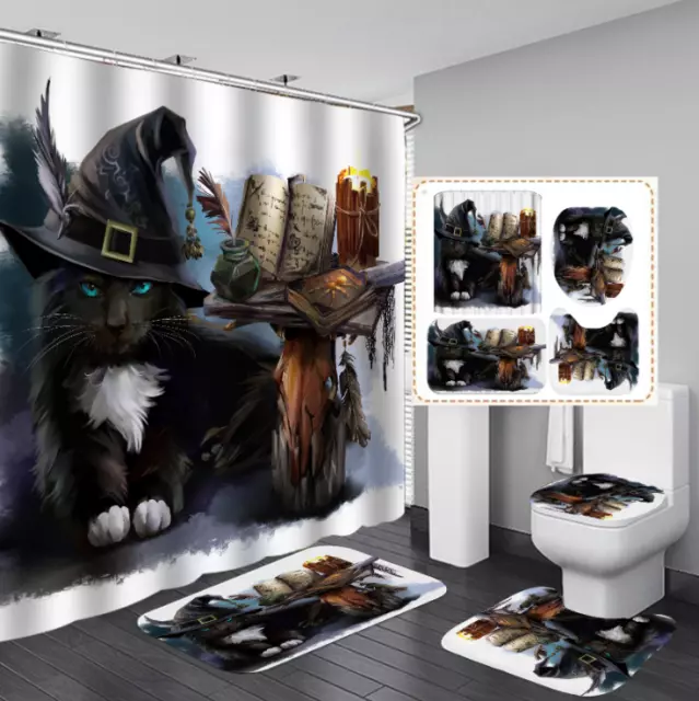 Black Cat Wizard Shower Curtain Floor Mat Toilet Lid Cover Bathroom Rugs