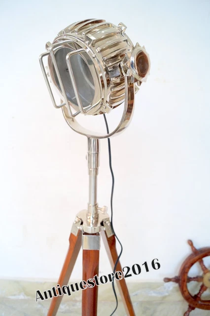 Nautical Industrial Designer Spot Light Antique Wooden Tripod Floor Lamp Gift