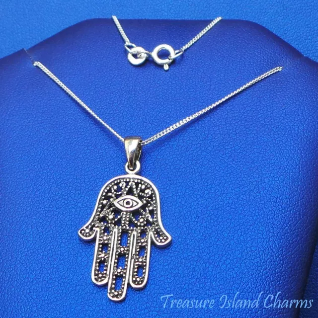 Hamsa Hand of Fatima with Evil Eye 925 Sterling Silver Pendant Necklace 16" 18"