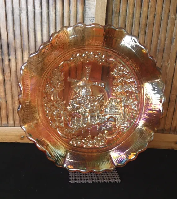 Vintage Imperial Marigold Carnival Glass Bowl/Windmill Scene/Scalloped 5 1/2"