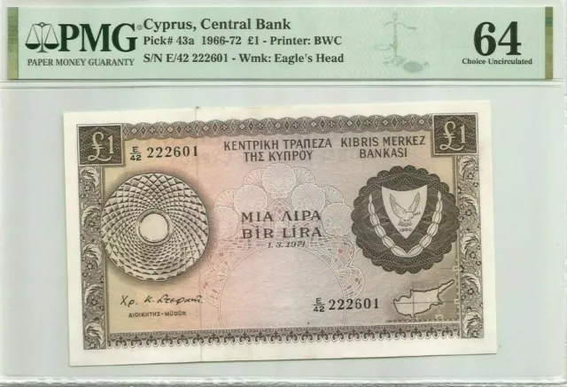 Cyprus 1 Pound 1971 UNC Banknote Graded by PMG MS64 Pick #43a Key Date 01150