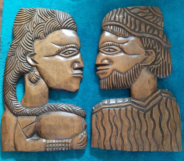 Vintage Large African Tribal Yoruba Ibeji Art Hand Carved Wood Head Silhouettes