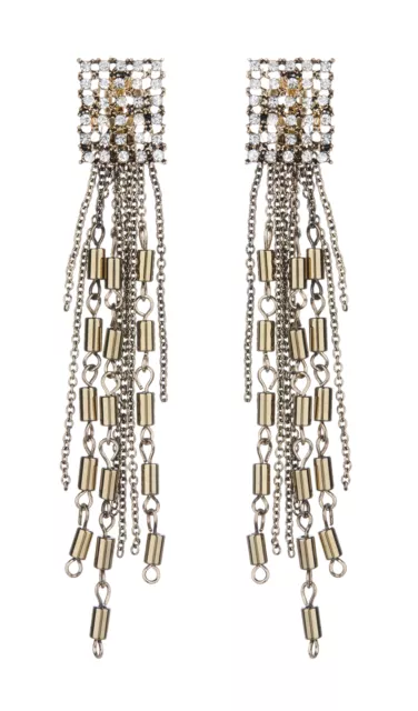 Clip On Earrings antique gold with crystals and a long chain fringe - Bettina
