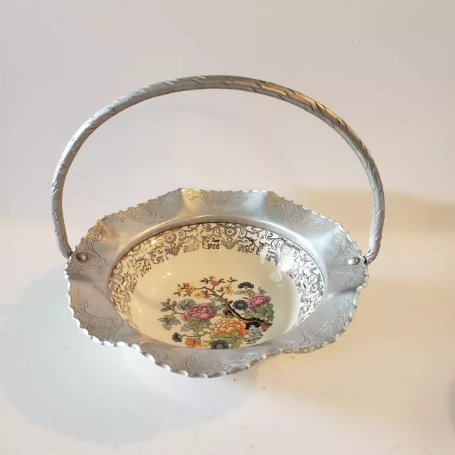 Vintage Farber & Shlevin Porcelain Floral Bowl with Aluminum Handle and Rim