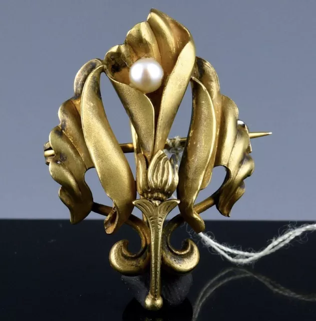 FINE c1900 ART NOUVEAU 14K GOLD LILY PEARL POCKET WATCH FOB HOLDER BROOCH PIN