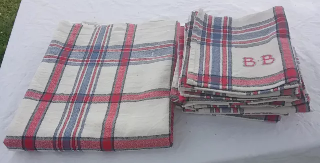nappe et 12 serviettes assorties en lin/coton à carreaux monogrammées BB
