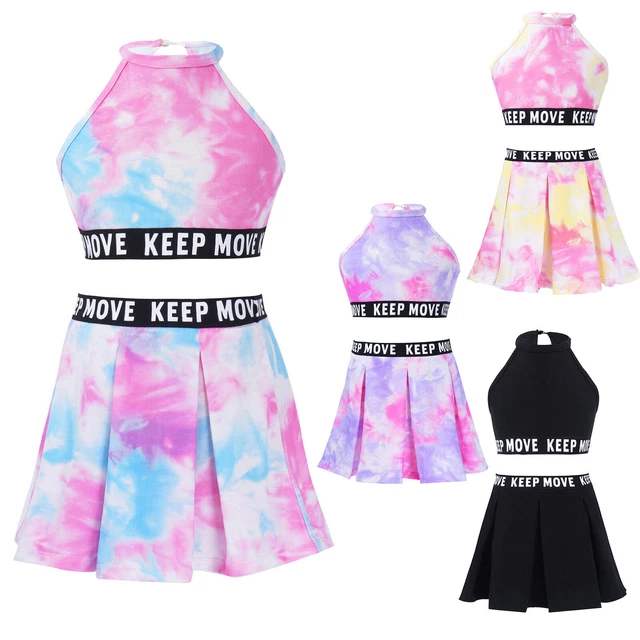 Kids Girls Two Pieces Workout Sports Suit Top Pleated Skirt for Tennis Dancewear