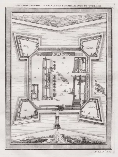 Fort Geldria Pulicat Tamil Nadu India Inde Engraving Copperplate 1750