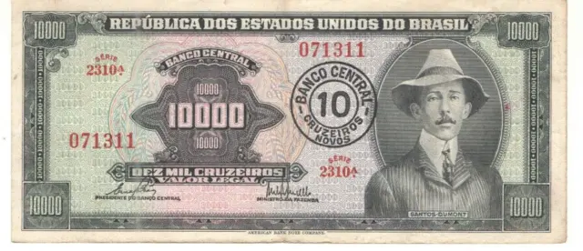 Billete de papel moneda de Brasil 10 Cruzeiros Novos - 1967 - C126- 071311