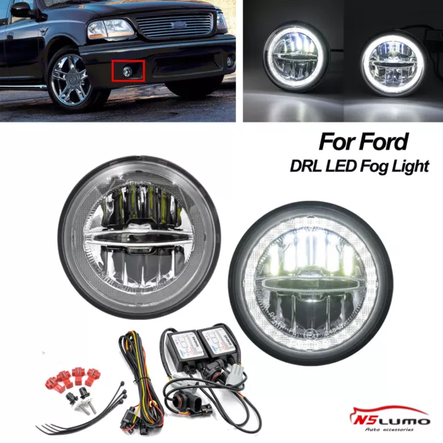 White LED Halo Ring Fog Light DRL Daytime Running Light For Ford F150 F250 01-03