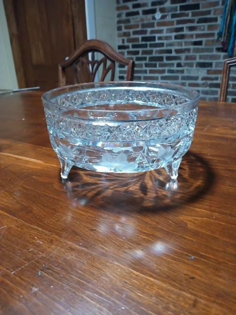 American Brilliant Period ABP Large Footed Cut Glass Bowl Candy Fruit Floral Pat