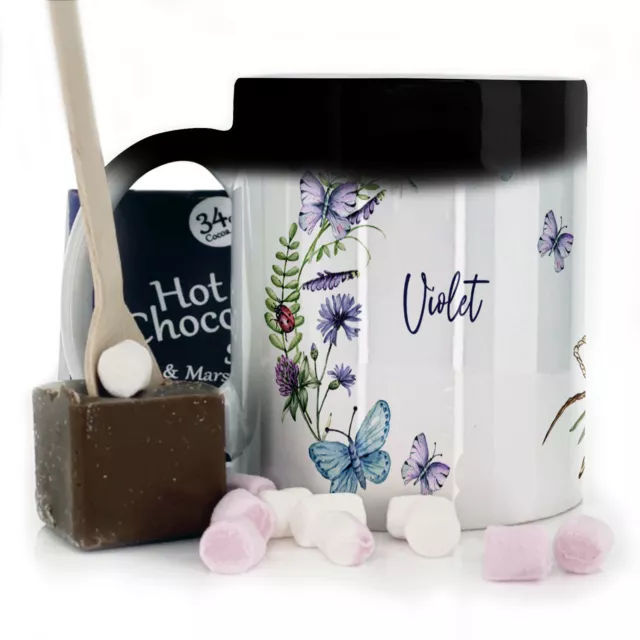 Personalised Bee Mug with Belgian Hot Chocolate Stirrer Initial Floral Magic Cup