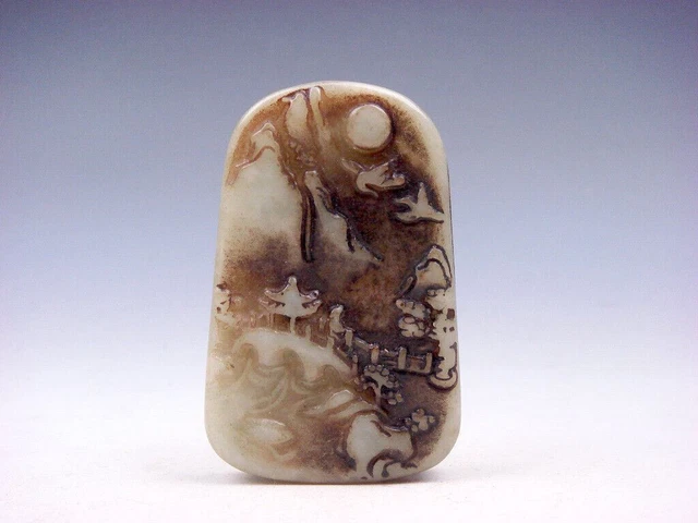 Vintage Nephrite Jade Stone 2-Side Carved Pendant Mountain Scenery #12082201