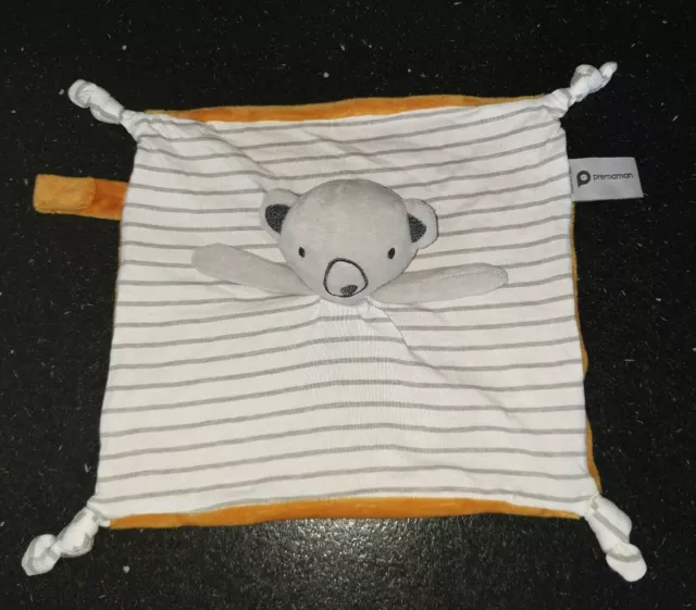 NEUF* - Doudou Plat Orchestra Prémaman Ours Gris Blanc Rayé ocre Attache-tétine