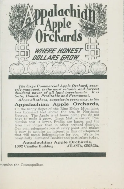 1912 Appalachian Apple Orchard Where Honest Dollars Grow Atlanta GA Print Ad CO4