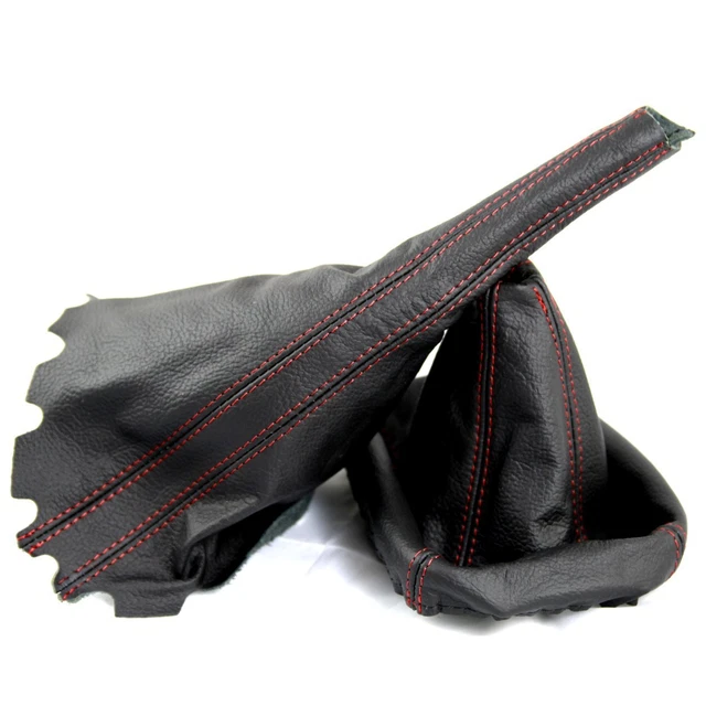 Alcantara shifter and handbrake boot with red stitches