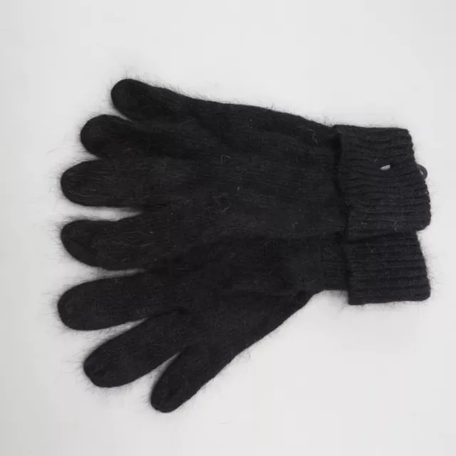 Soft Black Angora Nylon Blend Knit Rolled Cuff Gloves One Size Womens