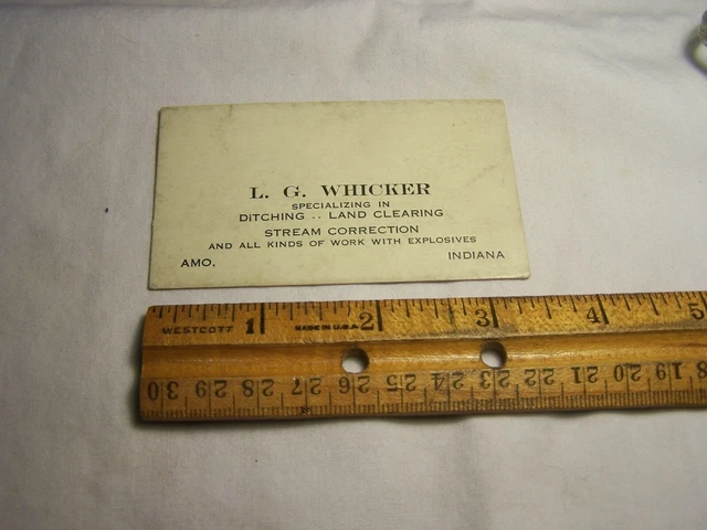 Vintage L.G. WHICKER Business Card AMO INDIANA Ditching Land Clearing Explosives