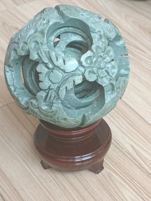 127mm FengShui Hand Carved Jade Puzzle Sphere Double Dragon&Phoenix Ball Healing