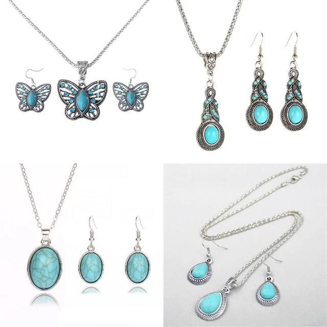 925 Silver Turquoise Pendant Women Wedding Jewelry Drop Earrings Necklace Set