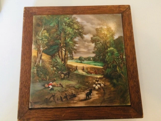 Boy and His Dog Footed Tile Transferware Trivet in Wood Frame. Hot Plate Rest