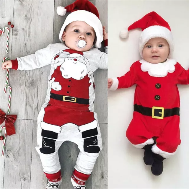 Newborn Infant Girls Baby Boys Christmas Santa Clause Tops Pants Hat Outfits Set