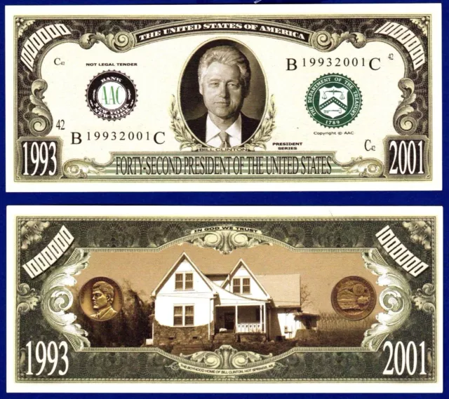 1993 President Bill Clinton $3 Dollar Bill - Slick Times Novelty Money - 2  Bills