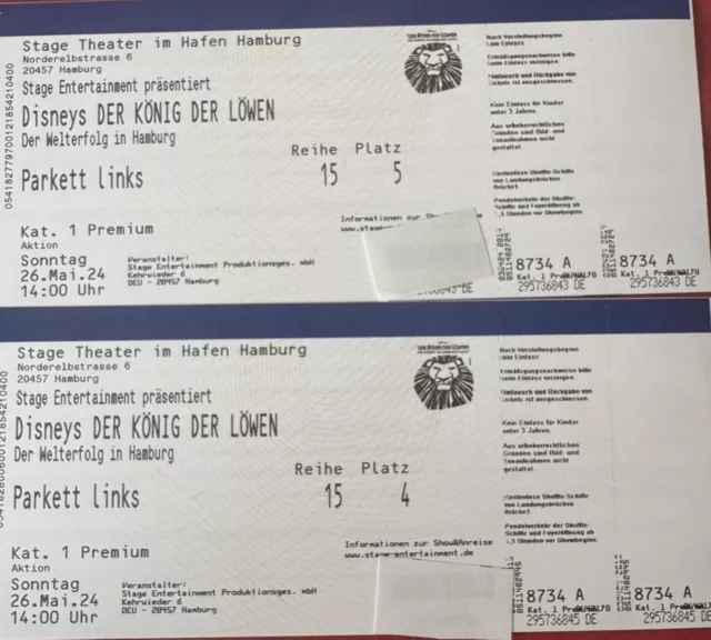 2 Tickets König der Löwen Hamburg So. 26.05.2024  14:00 Uhr  zur Schlagermove