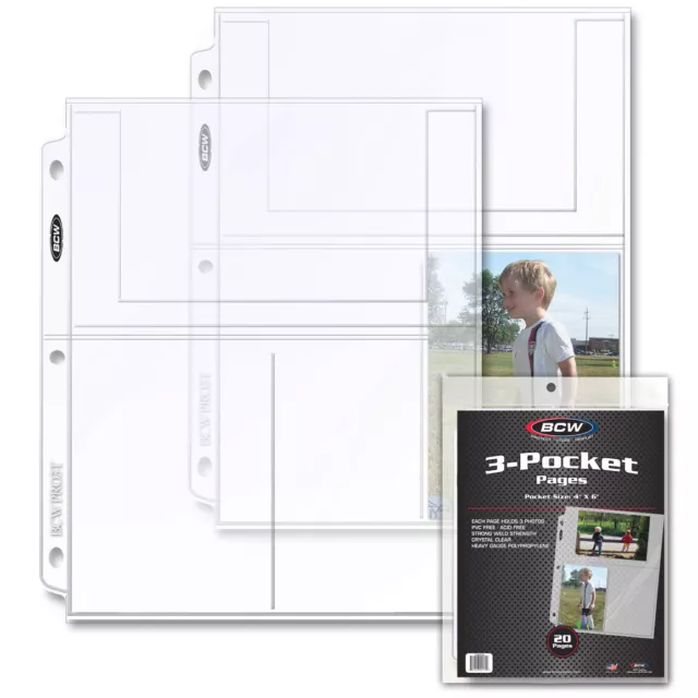 3-Pocket 6 x 4 inch Photo or Postcard Page x 20 Page Pack