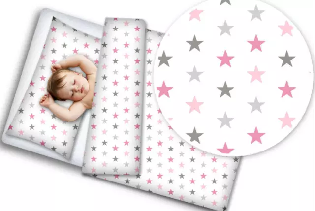 BABY BEDDING SET 120x90 PILLOWCASE DUVET COVER 2PC FIT COT Grey pink stars
